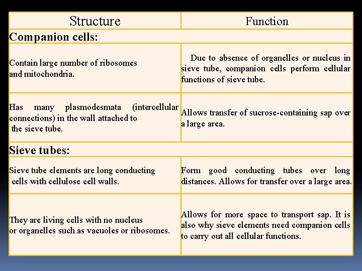 Structure Function Companion cells: Contain large number of ribosomes and mitochondria. Due to absence