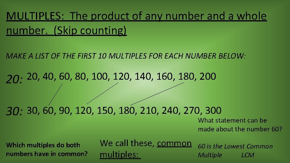 MULTIPLES: The product of any number and a whole number. (Skip counting) MAKE A