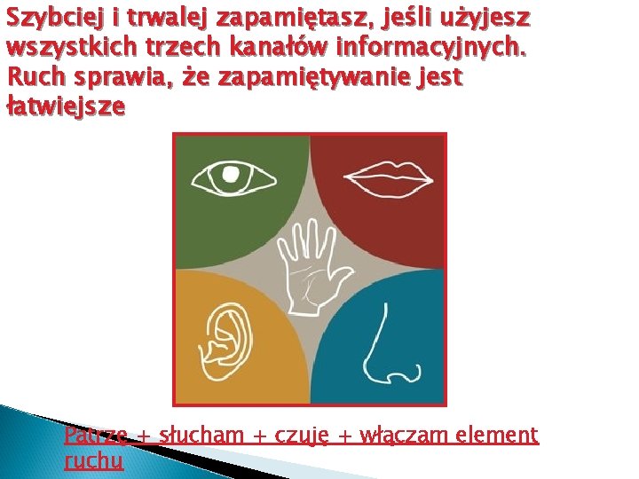 Szybciej i trwalej zapamiętasz, jeśli użyjesz wszystkich trzech kanałów informacyjnych. Ruch sprawia, że zapamiętywanie