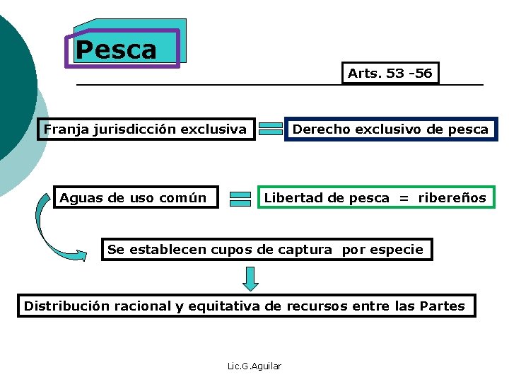 Pesca Arts. 53 -56 Franja jurisdicción exclusiva Aguas de uso común Derecho exclusivo de