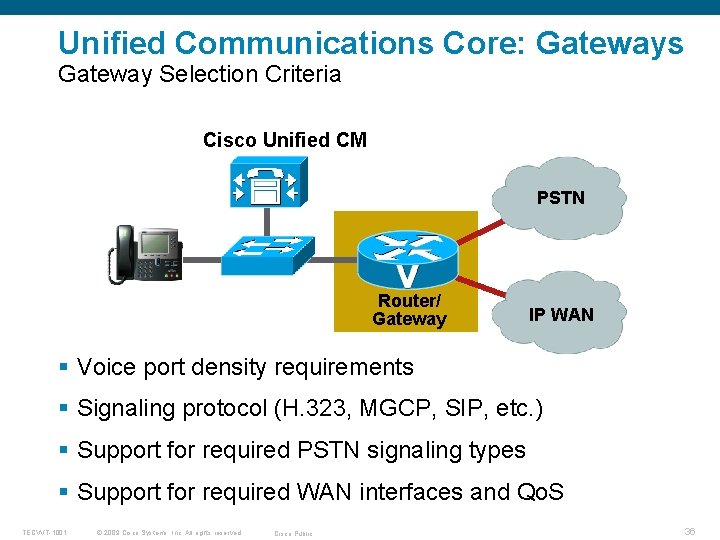 Unified Communications Core: Gateways Gateway Selection Criteria Cisco Unified CM PSTN Router/ Gateway IP