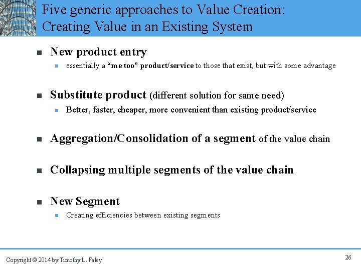 Five generic approaches to Value Creation: Creating Value in an Existing System n New