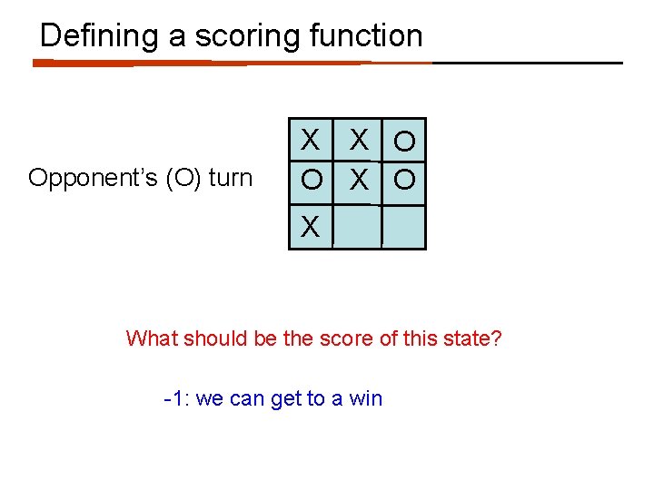 Defining a scoring function Opponent’s (O) turn X X O O X What should