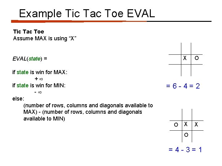 Example Tic Tac Toe EVAL Tic Tac Toe Assume MAX is using “X” X