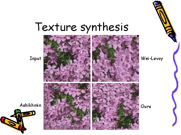 Texture synthesis Input Ashikhmin Wei-Levoy Ours 