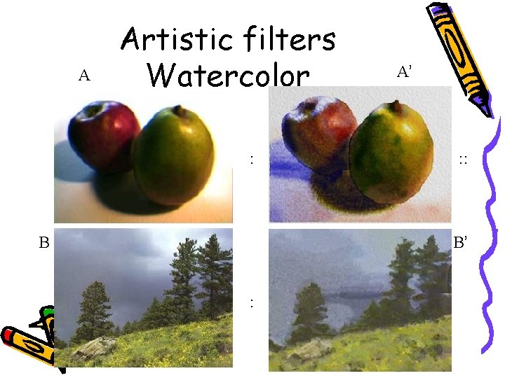 A Artistic filters Watercolor : B A’ : : B’ : 