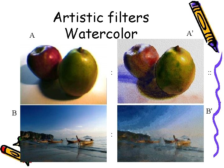 A Artistic filters Watercolor : A’ : : B’ B : 