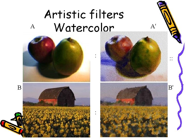 A Artistic filters Watercolor : B A’ : : B’ : 