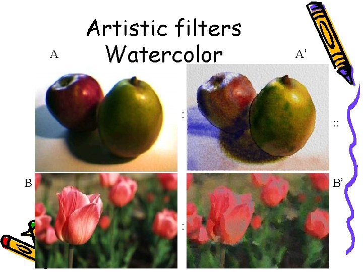 A Artistic filters Watercolor : B A’ : : B’ : 