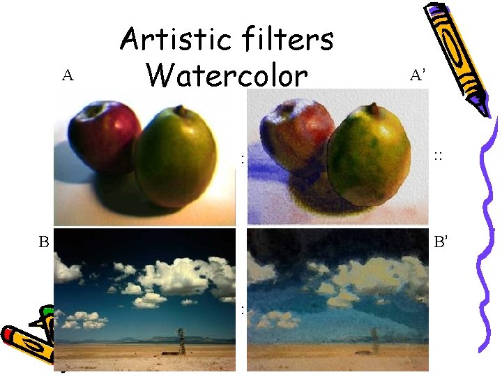 A Artistic filters Watercolor : B A’ : : B’ : 