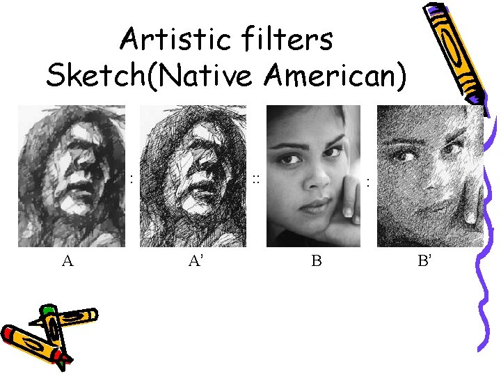 Artistic filters Sketch(Native American) : A : : A’ : B B’ 