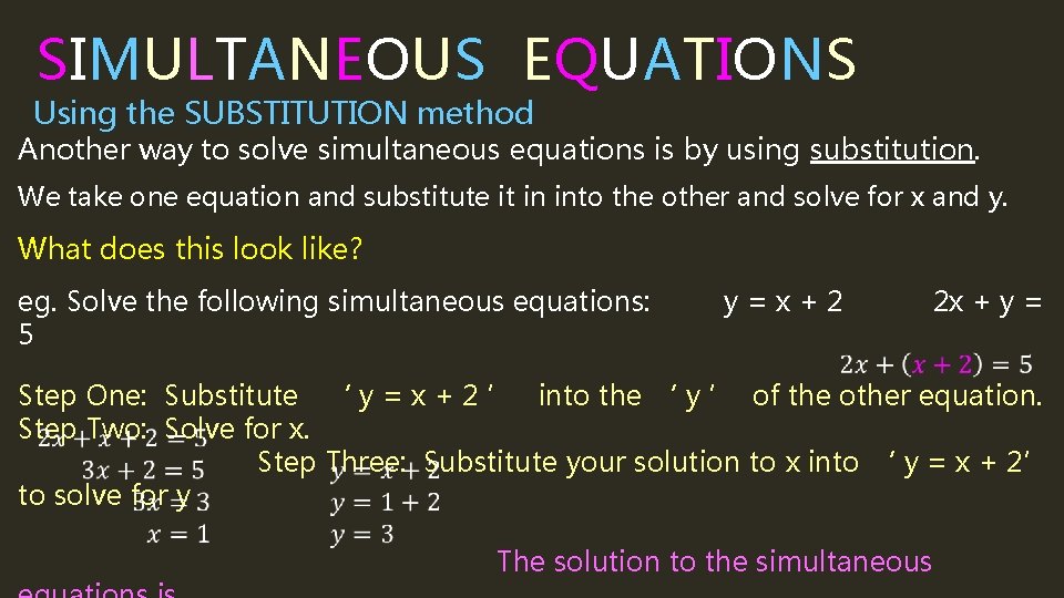 SIMULTANEOUS EQUATIONS Using the SUBSTITUTION method Another way to solve simultaneous equations is by