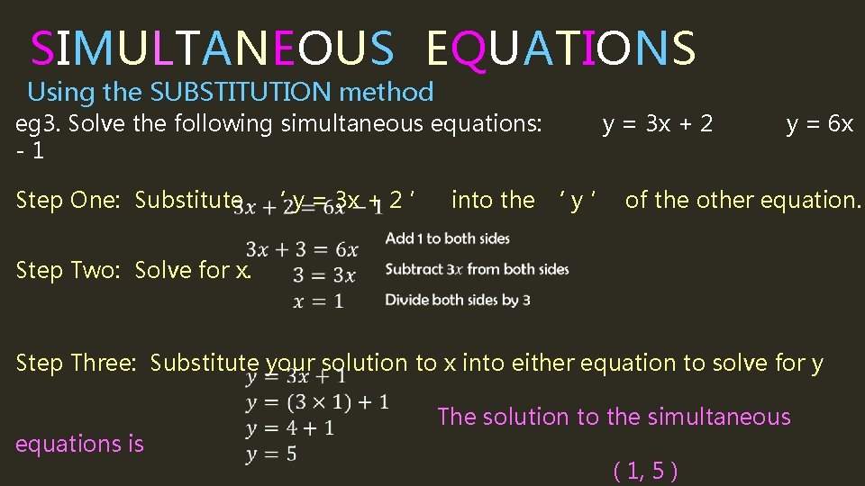 SIMULTANEOUS EQUATIONS Using the SUBSTITUTION method eg 3. Solve the following simultaneous equations: -1