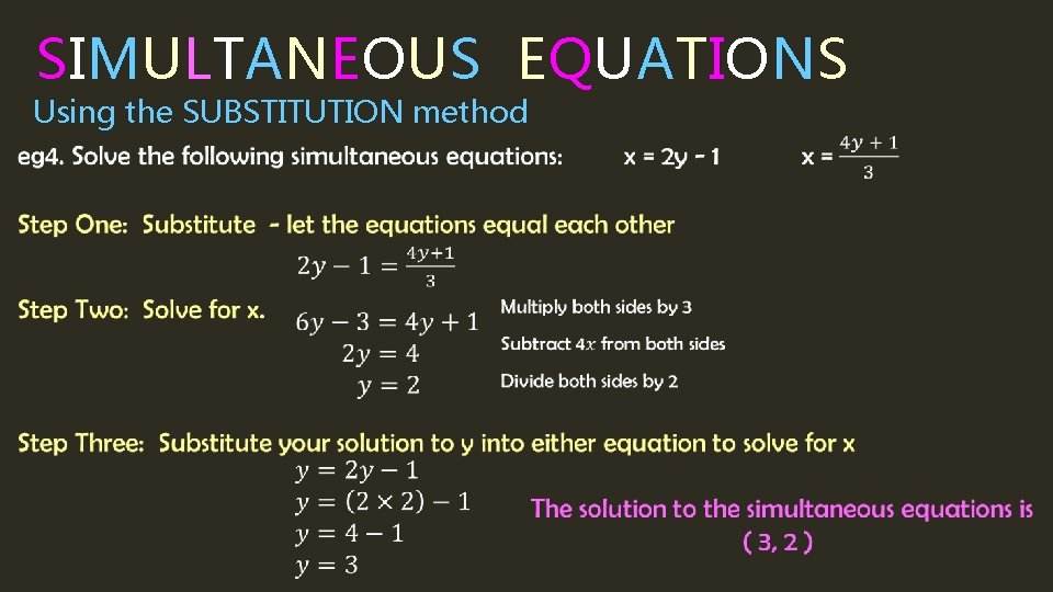 SIMULTANEOUS EQUATIONS Using the SUBSTITUTION method 