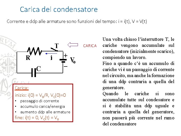 Carica del condensatore Corrente e ddp alle armature sono funzioni del tempo: i = Carica del condensatore Corrente e ddp alle armature sono funzioni del tempo: i =