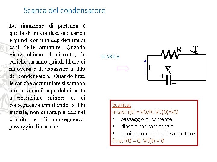 Scarica del condensatore La situazione di partenza è quella di un condesatore carico e Scarica del condensatore La situazione di partenza è quella di un condesatore carico e