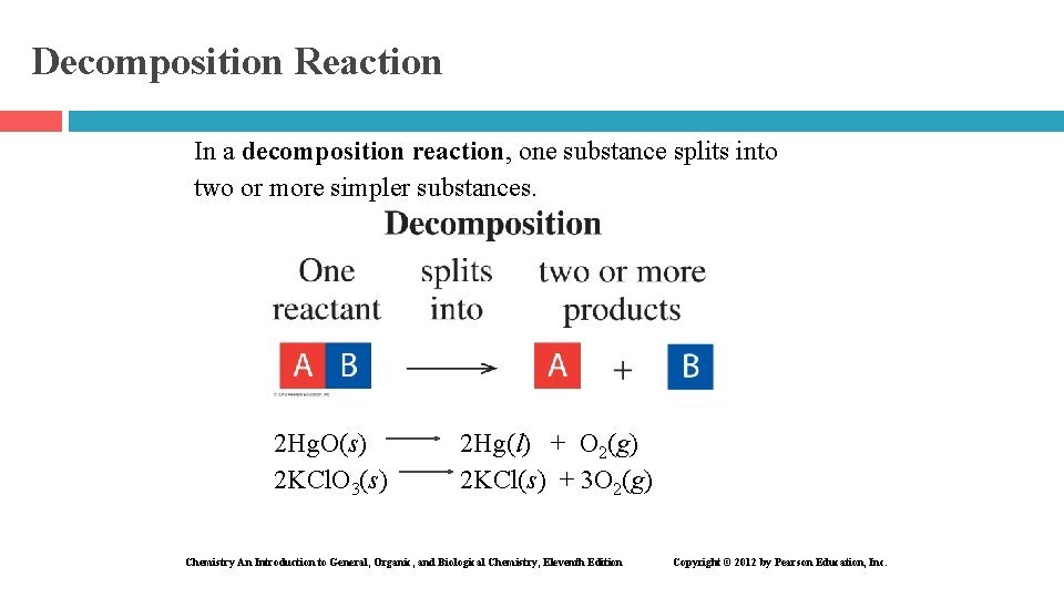 Decomposition Reaction In a decomposition reaction, one substance splits into two or more simpler