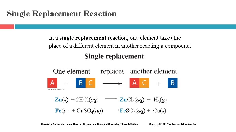Single Replacement Reaction In a single replacement reaction, one element takes the place of