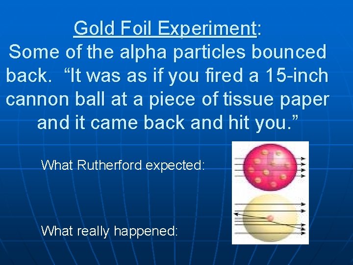 Gold Foil Experiment: Some of the alpha particles bounced back. “It was as if