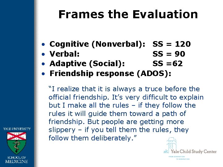Frames the Evaluation • • Cognitive (Nonverbal): SS = 120 Verbal: SS = 90