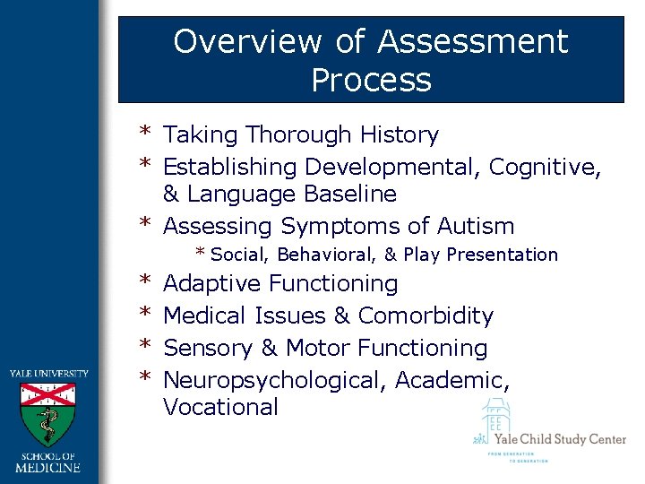 Overview of Assessment Process * Taking Thorough History * Establishing Developmental, Cognitive, & Language