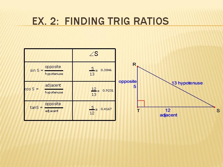 EX. 2: FINDING TRIG RATIOS S sin S = cos S = tan. S