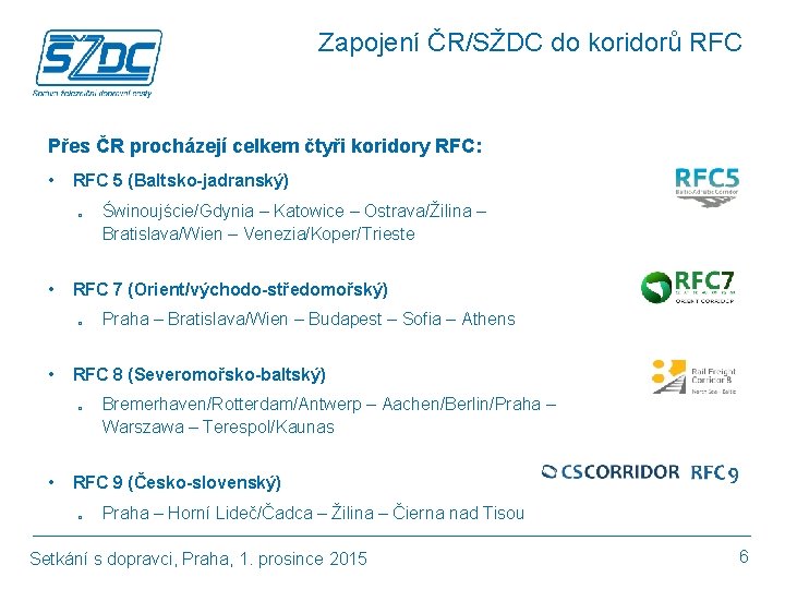 Zapojení ČR/SŽDC do koridorů RFC Přes ČR procházejí celkem čtyři koridory RFC: • RFC