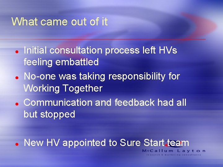 What came out of it l l Initial consultation process left HVs feeling embattled