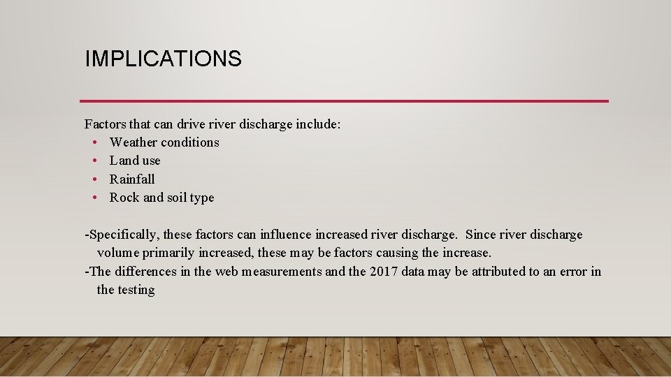 IMPLICATIONS Factors that can driver discharge include: • Weather conditions • Land use •
