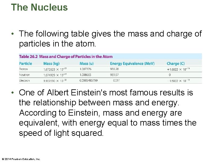 The Nucleus • The following table gives the mass and charge of particles in