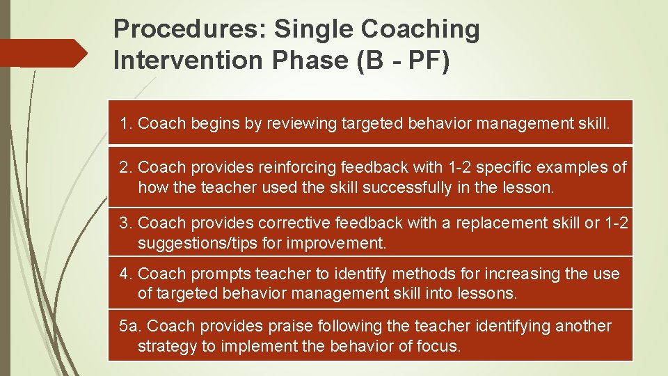 Procedures: Single Coaching Intervention Phase (B - PF) 1. Coach begins by reviewing targeted