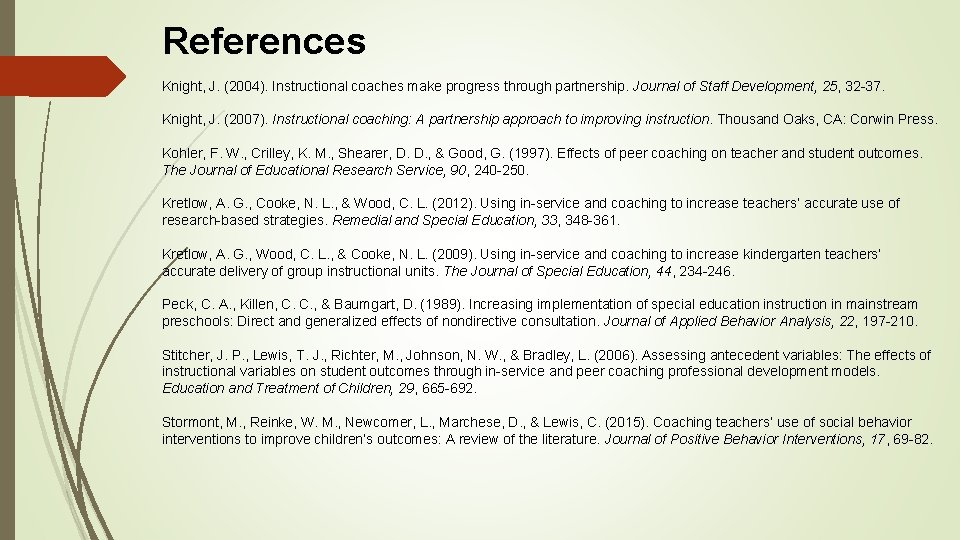 References Knight, J. (2004). Instructional coaches make progress through partnership. Journal of Staff Development,