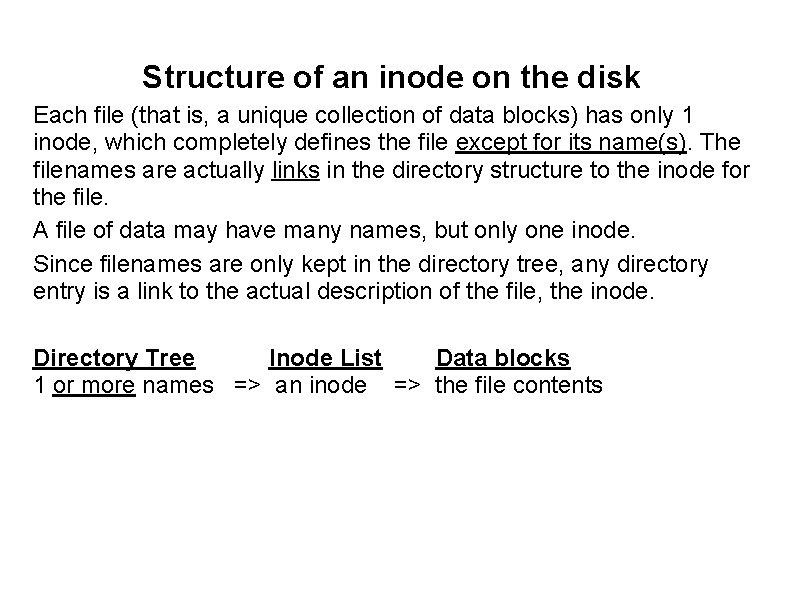Structure of an inode on the disk Each file (that is, a unique collection