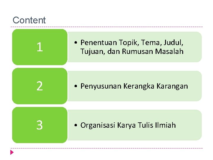 Content 1 • Penentuan Topik, Tema, Judul, Tujuan, dan Rumusan Masalah 2 • Penyusunan