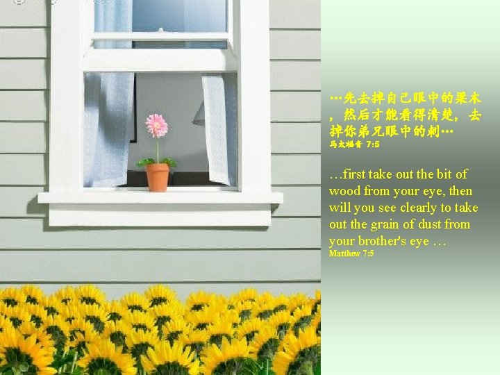 …先去掉自己眼中的梁木 , 然后才能看得清楚, 去 掉你弟兄眼中的刺… 马太福音 7: 5 …first take out the bit of