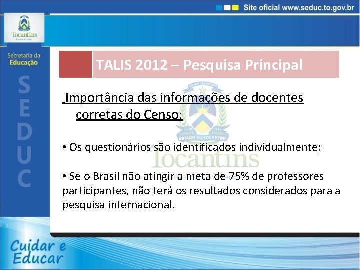 TALIS 2012 – Pesquisa Principal Importância das informações de docentes corretas do Censo: •