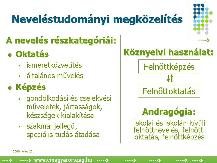 Neveléstudományi megközelítés A nevelés részkategóriái: l Oktatás § § l ismeretközvetítés általános művelés Képzés