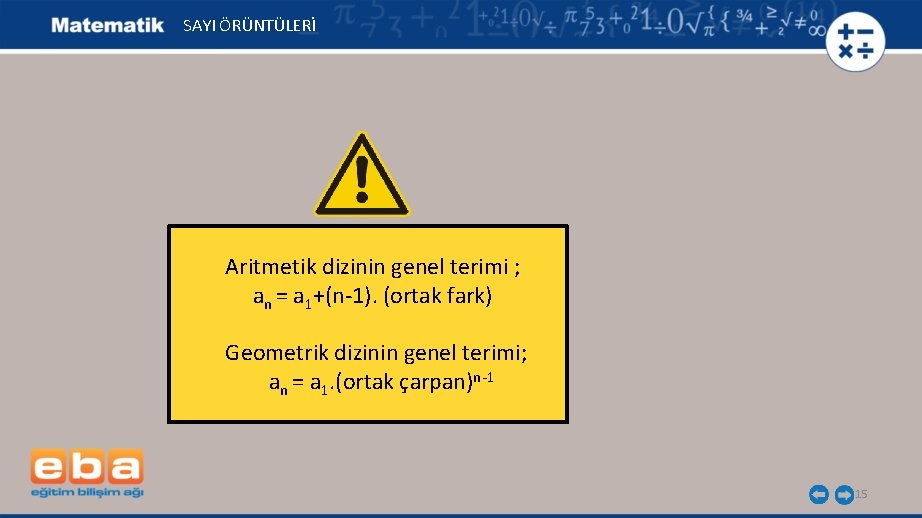  SAYI ÖRÜNTÜLERİ Aritmetik dizinin genel terimi ; an = a 1+(n-1). (ortak fark)