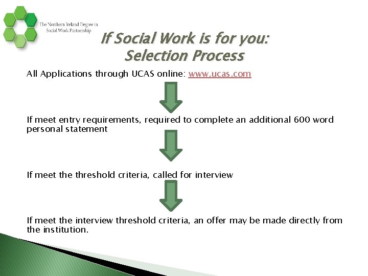 If Social Work is for you: Selection Process All Applications through UCAS online: www.