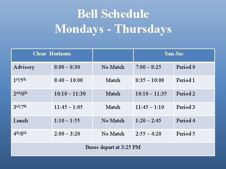 Bell Schedule Mondays - Thursdays Clear Horizons San Jac Advisory 8: 00 – 8: