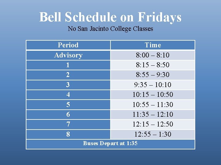 Bell Schedule on Fridays No San Jacinto College Classes Period Advisory 1 2 3