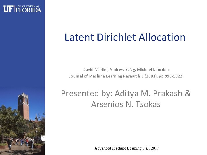 Latent Dirichlet Allocation David M. Blei, Andrew Y. Ng, Michael I. Jordan Journal of