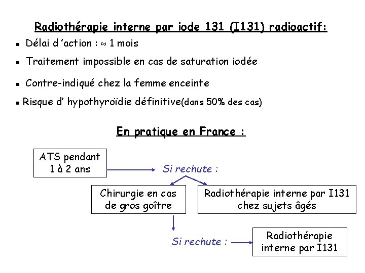 Radiothérapie interne par iode 131 (I 131) radioactif: n Délai d ’action : 1