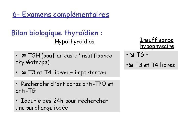 6 - Examens complémentaires Bilan biologique thyroïdien : Hypothyroïdies • TSH (sauf an cas