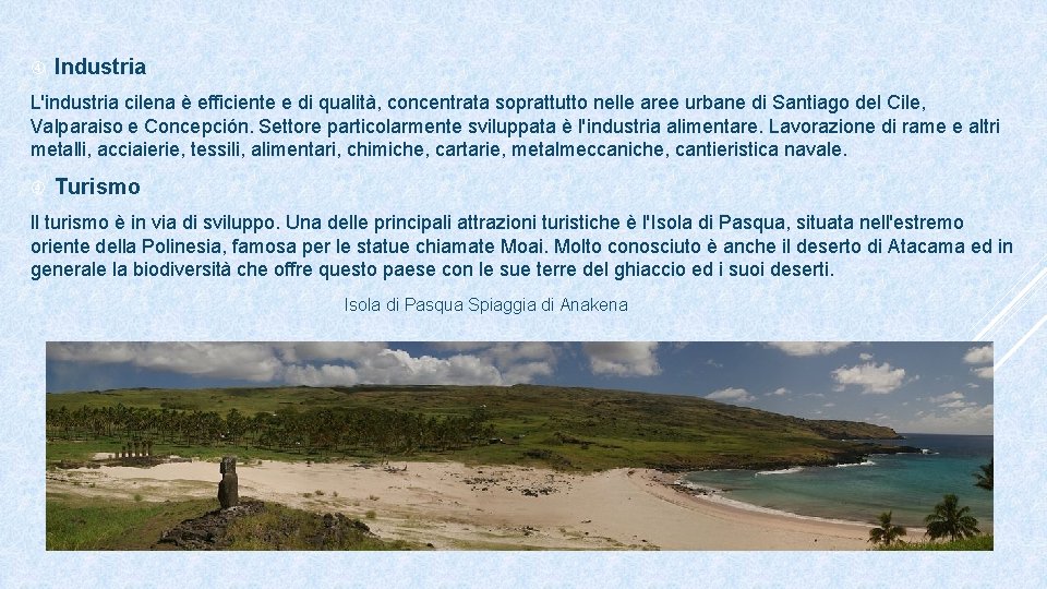  Industria L'industria cilena è efficiente e di qualità, concentrata soprattutto nelle aree urbane