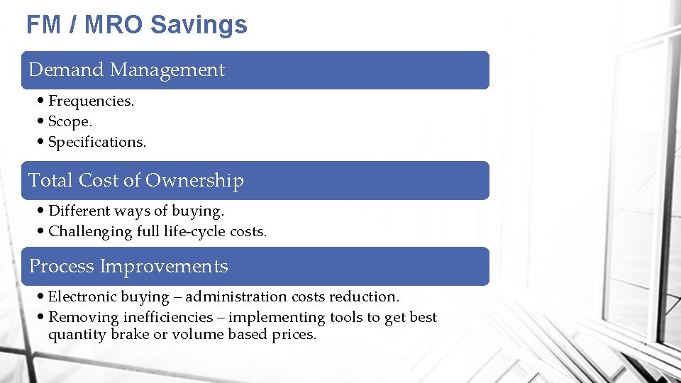 FM / MRO Savings Demand Management • Frequencies. • Scope. • Specifications. Total Cost