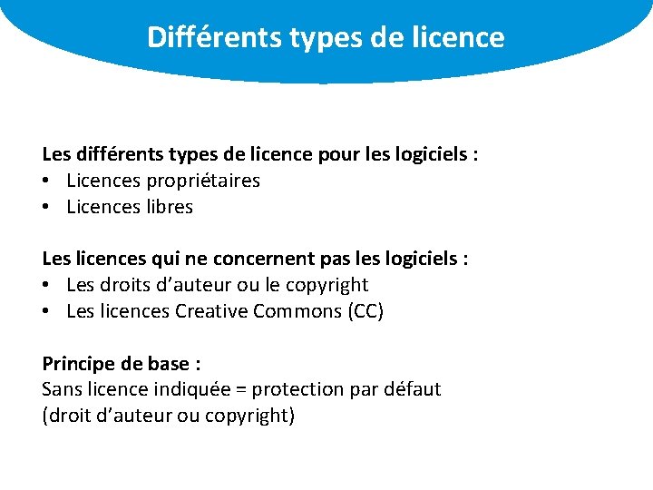 Différents types de licence L’organisation des informations Les différents types de licence pour les