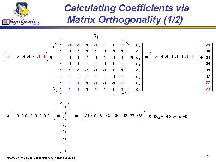 Calculating Coefficients via Matrix Orthogonality (1/2) c 4 -1 1 ● 1 -1 -1