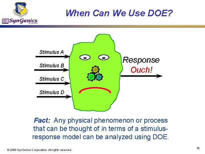 When Can We Use DOE? Stimulus A Stimulus B Response Ouch! Stimulus C Stimulus