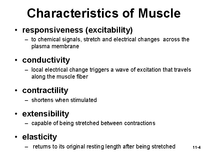 Characteristics of Muscle • responsiveness (excitability) – to chemical signals, stretch and electrical changes